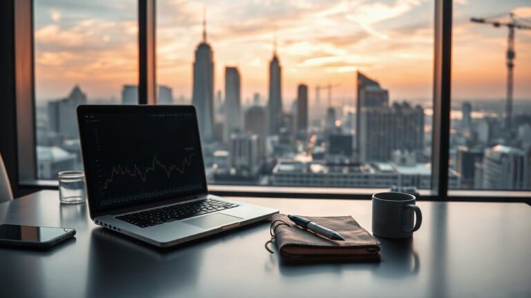A modern private office desk with a laptop showing abstract financial charts, a leather notebook and a cup of coffee, large window overlooking a city skyline at dusk, soft warm lig – Symbolbild, KI-erzeugt