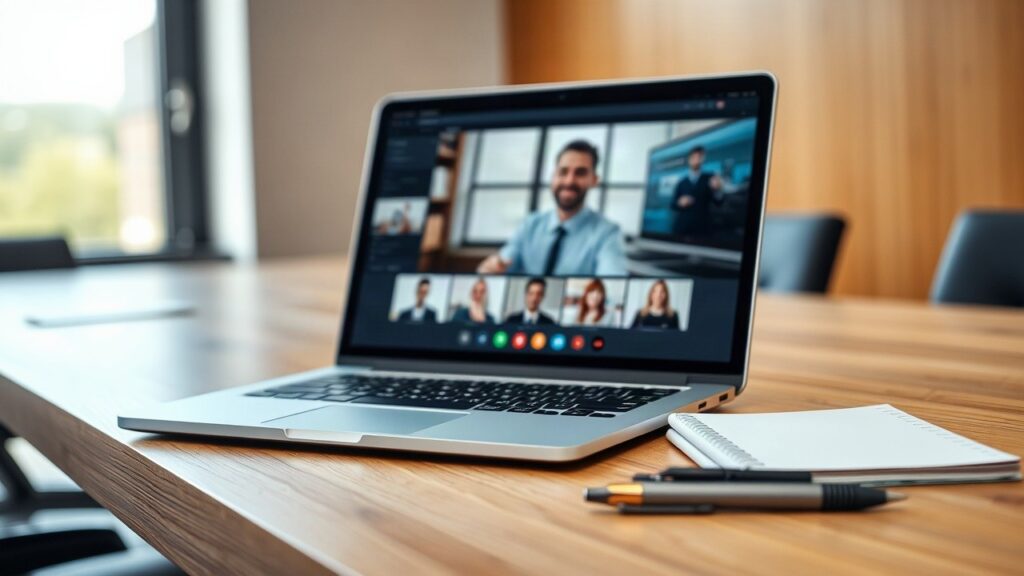 Ein Laptop auf einem Konferenztisch zeigt eine Videokonferenz, während im Hintergrund eine KI-Verhandlung in Echtzeit unterstützt wird – Symbolbild, KI-erzeugt