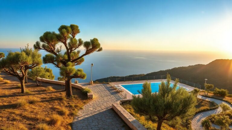 A sun-lit hilltop terrace overlooking the Mediterranean coast near a Mallorcan resort, with a stone pathway, olive trees and a swimming pool in the foreground, golden late afternoo – Symbolbild, KI-erzeugt