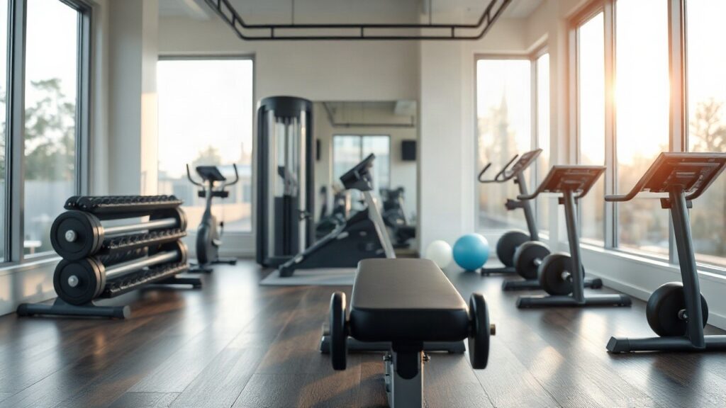Ein modernes Fitnessstudio am frühen Morgen, wie es Arne Greskowiak für sein Training nutzt – Symbolbild, KI-erzeugt