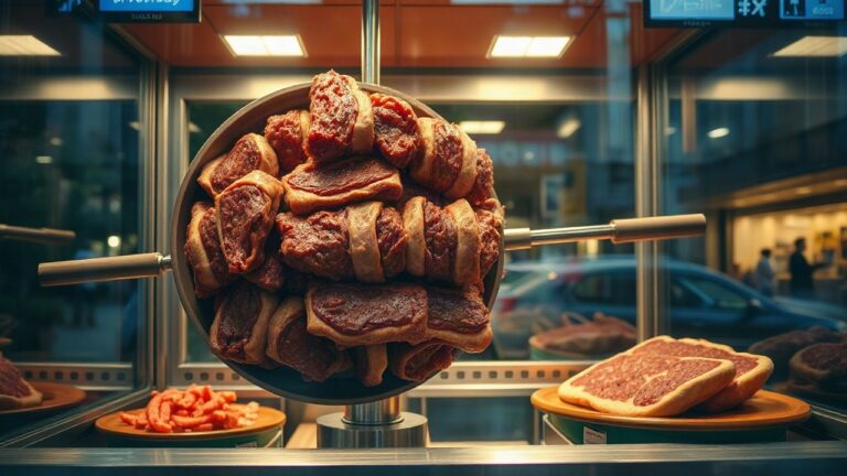 Ein großer Dönerspieß in der Auslage einer Filiale von Jet Döner Kebab symbolisiert den Markteintritt der Marke in Bochum – Symbolbild, KI-erzeugt