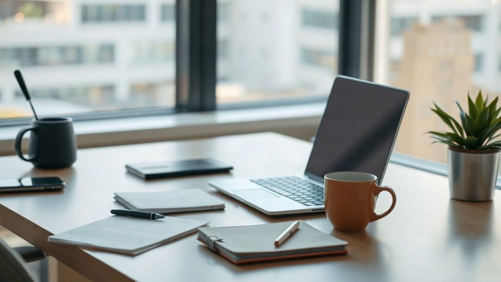 Ein aufgeräumter Schreibtisch mit Laptop und Notizbuch symbolisiert die Suche nach dem Berufseinstieg im Jahr 2026 – Symbolbild, KI-erzeugt