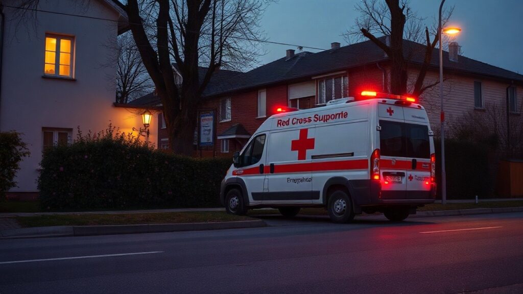 Ein Rettungsfahrzeug des Roten Kreuzes bei Dämmerung steht sinnbildlich für die Auszeichnung der Steirerin für ihre Kriseneinsätze – Symbolbild, KI-erzeugt