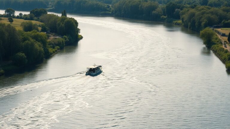 A wide river in a lush landscape with a small cleanup boat and floating collection barriers visible on the water surface, morning light reflecting off the current, no people visibl – Symbolbild, KI-erzeugt