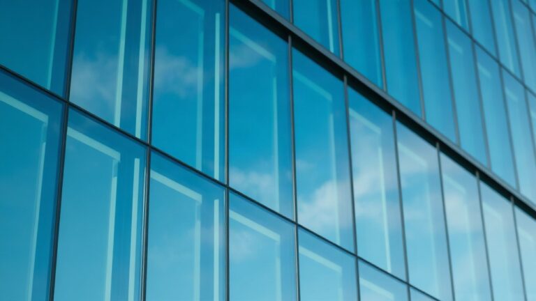 A modern glass office building facade in Munich with reflections of blue sky, close-up architectural detail, daylight, no people, no text, horizontal 16:9 composition – Symbolbild, KI-erzeugt