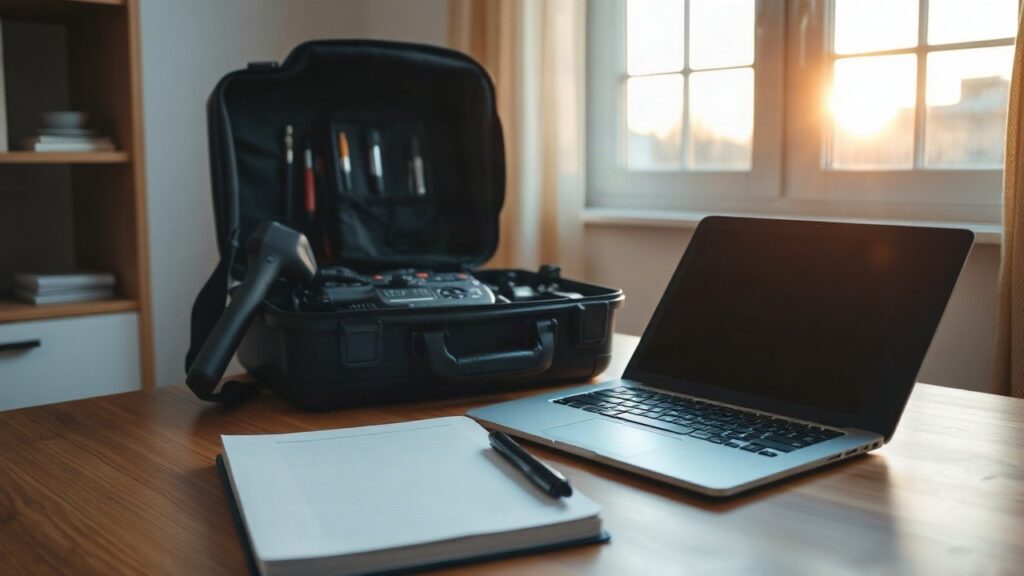 Reisegepäck und Arbeitsmaterial eines Auslandskorrespondenten stehen symbolisch für die journalistische Laufbahn von Christian Wehrschütz – Symbolbild, KI-erzeugt