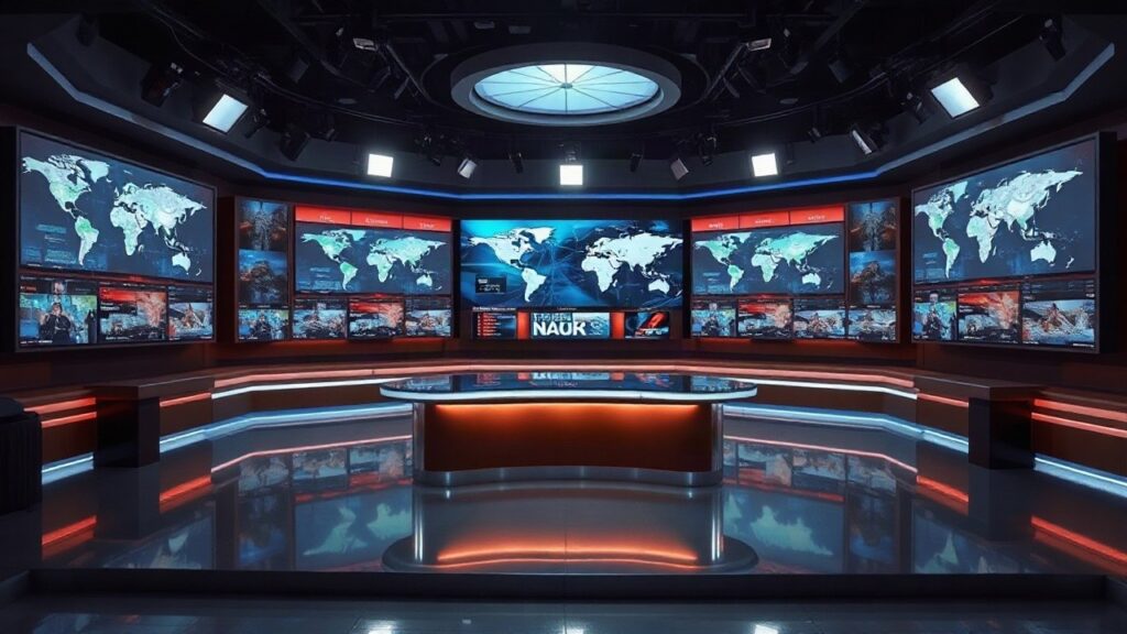 Ein leeres Nachrichtenstudio mit Weltkarten auf Bildschirmen steht sinnbildlich für den Abschied von Christiane Amanpour bei CNN – Symbolbild, KI-erzeugt