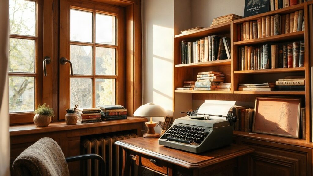 Ein Bücherregal mit Kinderbüchern und einer Schreibmaschine erinnert an das literarische Werk von Christine Nöstlinger – Symbolbild, KI-erzeugt