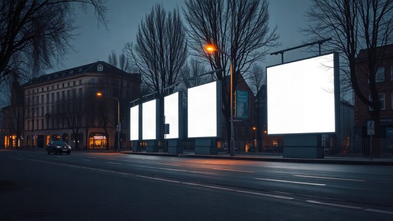 A row of illuminated outdoor advertising billboards along a quiet German city street at dusk, soft streetlight glow, no visible text or logos, no people in close-up, wide empty pav – Symbolbild, KI-erzeugt
