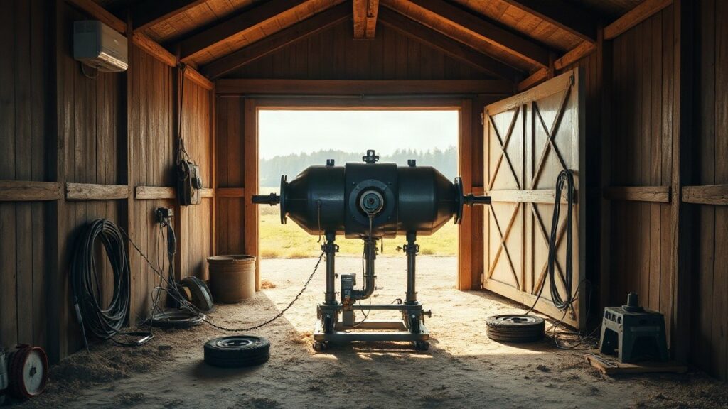 A quiet rural cowshed interior in southern Bavaria converted into an improvised rocket engine test stand, metal test rig and cables visible, warm late afternoon light through a bar – Symbolbild, KI-erzeugt