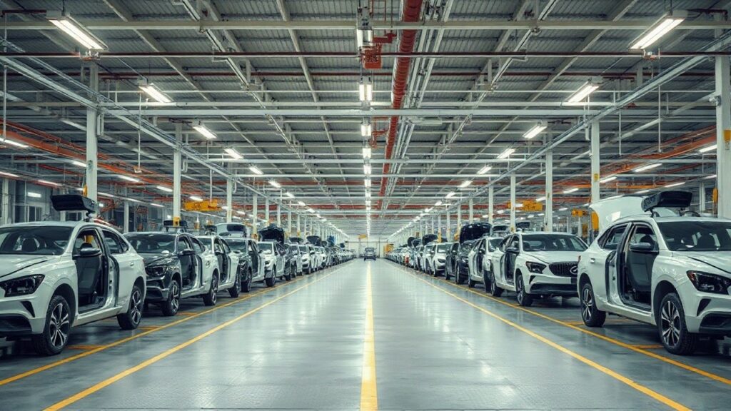 A wide automotive factory floor with rows of unfinished car bodies on an assembly line, overhead industrial lighting, no visible people, shot in landscape orientation, realistic do – Symbolbild, KI-erzeugt