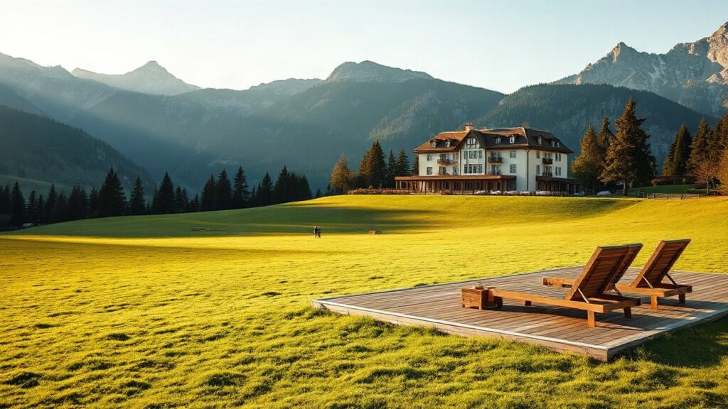 Weite Bergwiese mit Hotelgebäude im Morgenlicht als Sinnbild für ein Luxushotel in Deutschland, das auf Ruhe statt Prunk setzt – Symbolbild, KI-erzeugt