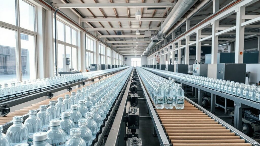 A plastics packaging factory interior with conveyor belts carrying clear plastic film and bottles, industrial daylight from large windows, no visible people, wide shot, 16:9 format – Symbolbild, KI-erzeugt