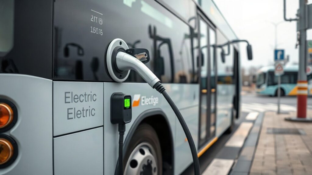 Ein Elektrobus lädt an einer Ladestation im Depot, Symbolbild für die Kürzung der E-Bus-Förderung in Deutschland – Symbolbild, KI-erzeugt