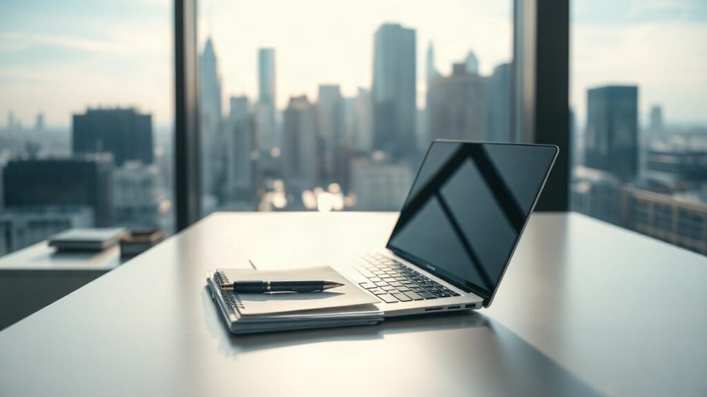 Ein moderner Schreibtisch mit Laptop symbolisiert die Startup-Welt, in der Zehetner die EU Inc. voranbringen will – Symbolbild, KI-erzeugt
