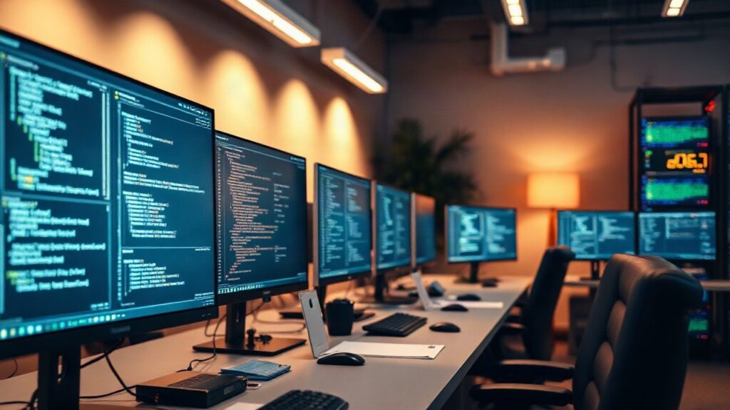 Moderner IT-Arbeitsplatz mit mehreren Bildschirmen, der die technische Grundlage einer gelungenen Unternehmensnachfolge im IT-Mittelstand symbolisiert – Symbolbild, KI-erzeugt