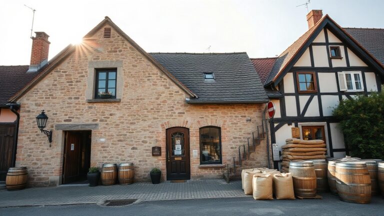 A historic rural cooperative bank building in a small German village, stone facade, wooden barrels and grain sacks stacked outside, warm late-afternoon sunlight, wide landscape pho – Symbolbild, KI-erzeugt