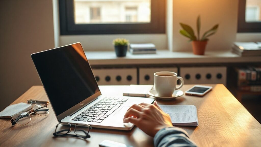 Ein aufgeräumter Schreibtisch mit Laptop und Brille symbolisiert die Generation 50 plus im Berufsleben – Symbolbild, KI-erzeugt