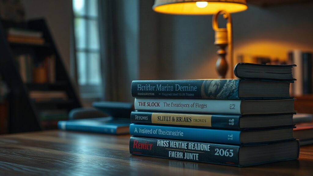 A close-up of a neat stack of thriller novels on a wooden desk under a warm reading lamp in the evening, no people visible, soft shadows, cozy home office atmosphere – Symbolbild, KI-erzeugt
