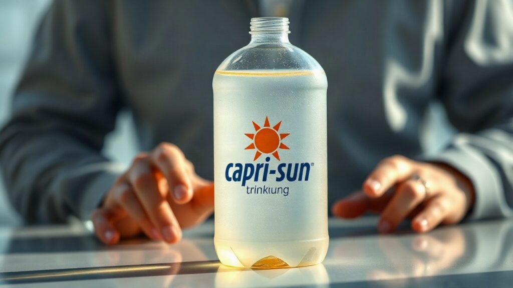 Plastik-Trinkpackung mit Aufschrift Capri-Sun – Symbolbild, KI-erzeugt