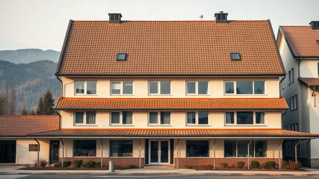 A modern school building facade with a three-story structure, bronze-colored metal roof tiles in a small rhombus pattern, soft morning light, Alpine landscape in the background, no – Symbolbild, KI-erzeugt
