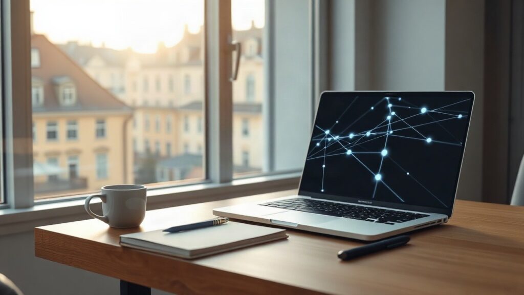 Ein Laptop mit leuchtenden Netzwerklinien auf einem Schreibtisch symbolisiert den Expansionsschritt der xchannels.ai-Gründer in Richtung USA – Symbolbild, KI-erzeugt