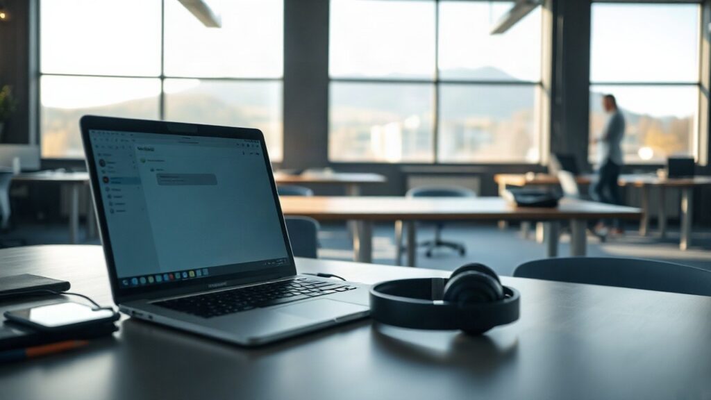 Ein Laptop mit Headset im Büro symbolisiert die Arbeit des versa-Gründers an KI-gestützten Trainingsgesprächen – Symbolbild, KI-erzeugt