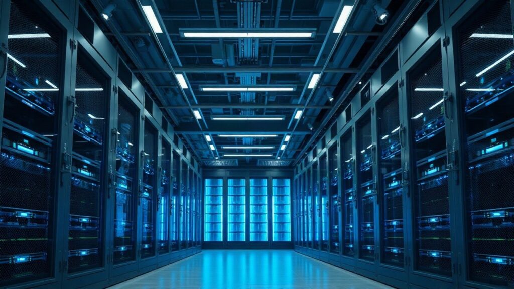 Serverreihen in einem Rechenzentrum stehen sinnbildlich für den Ausbau von KI in Deutschland – Symbolbild, KI-erzeugt