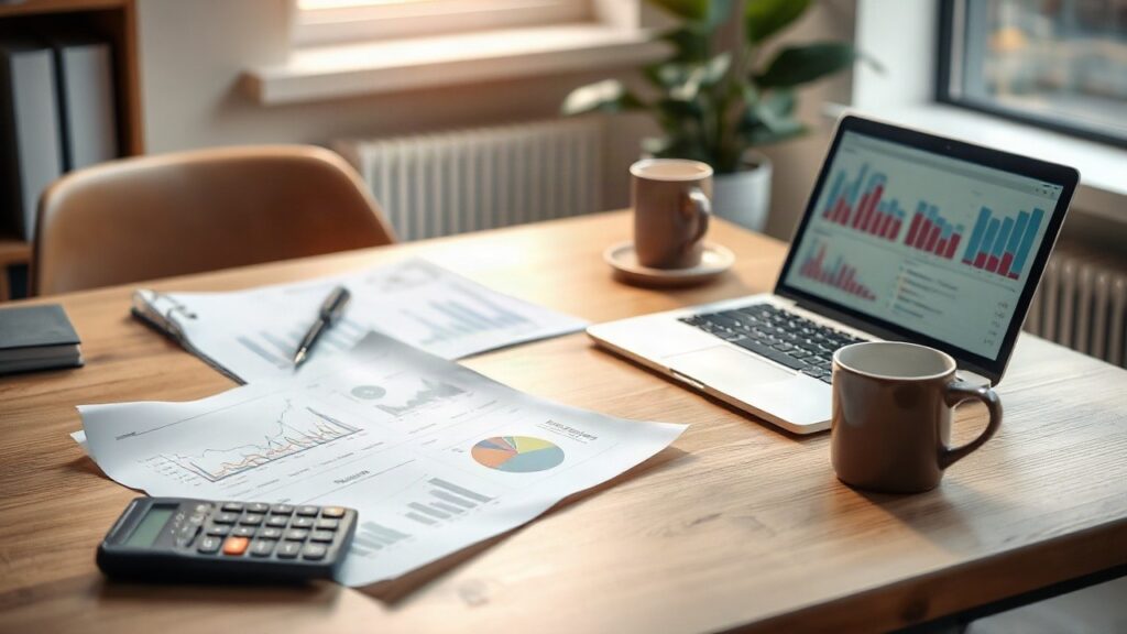A tidy office desk with a printed business plan, a laptop showing simple charts, a calculator and a cup of coffee, soft morning light coming through a window, no visible people, sh – Symbolbild, KI-erzeugt