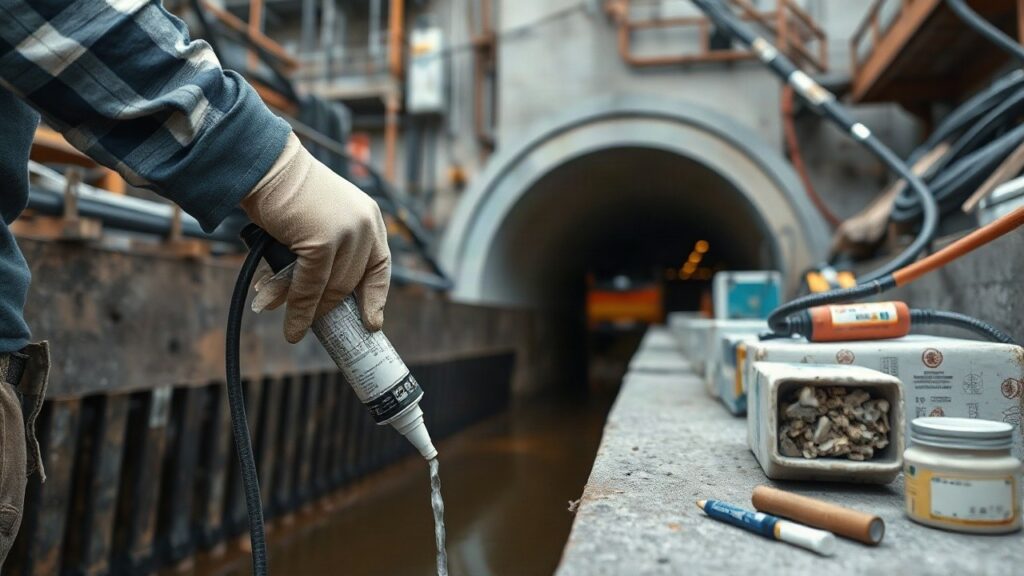 A construction site detail showing waterproofing and sealant work at a tunnel entrance, workers' gloved hands applying sealing material, industrial equipment and concrete surfaces, – Symbolbild, KI-erzeugt