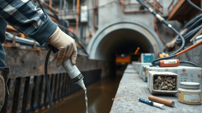 A construction site detail showing waterproofing and sealant work at a tunnel entrance, workers' gloved hands applying sealing material, industrial equipment and concrete surfaces, – Symbolbild, KI-erzeugt