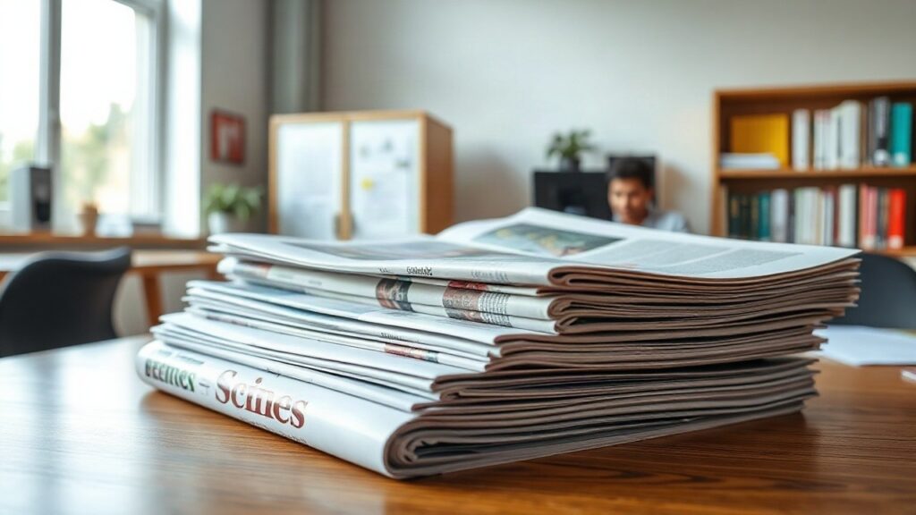Ein Stapel gedruckter Wissenschaftsmagazine auf einem Schreibtisch symbolisiert die prämierten Beiträge des KlarText-Preises – Symbolbild, KI-erzeugt