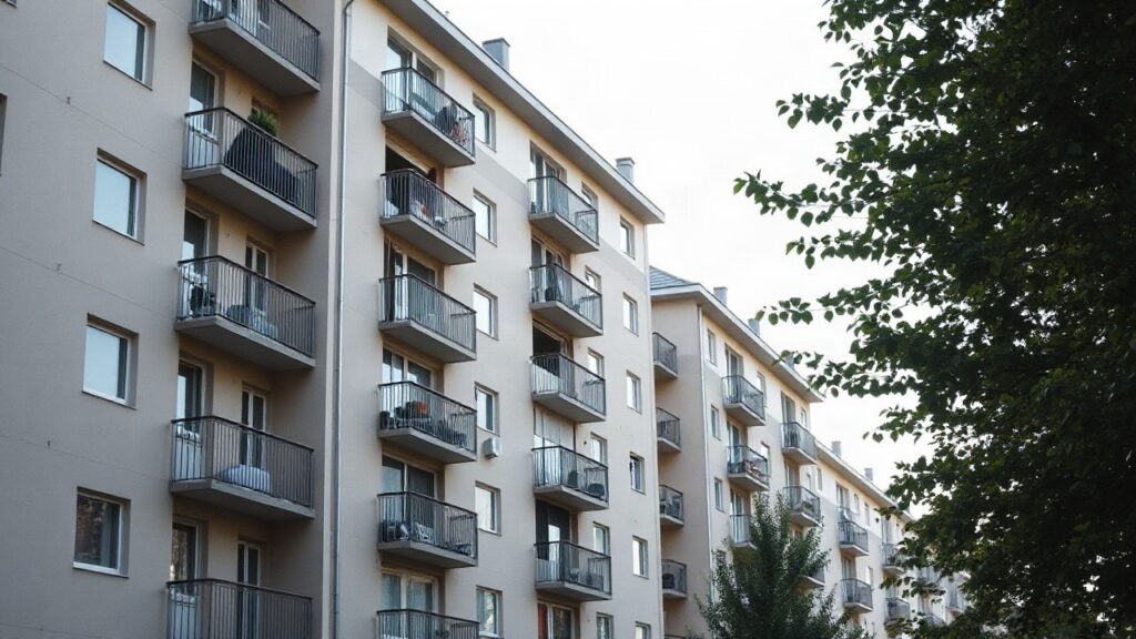 A modern Swiss residential apartment building facade in an urban setting, soft morning light, no visible people, clean architectural lines, close and formatfilling composition, 16: – Symbolbild, KI-erzeugt