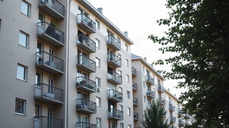 A modern Swiss residential apartment building facade in an urban setting, soft morning light, no visible people, clean architectural lines, close and formatfilling composition, 16: – Symbolbild, KI-erzeugt