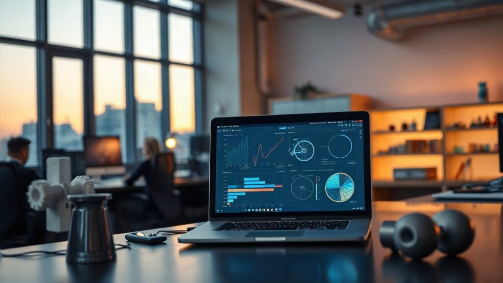 Ein Laptop mit Datenvisualisierung und ein 3D-gedrucktes Fahrradbauteil symbolisieren die prämierten Ideen der Innovation Challenge – Symbolbild, KI-erzeugt