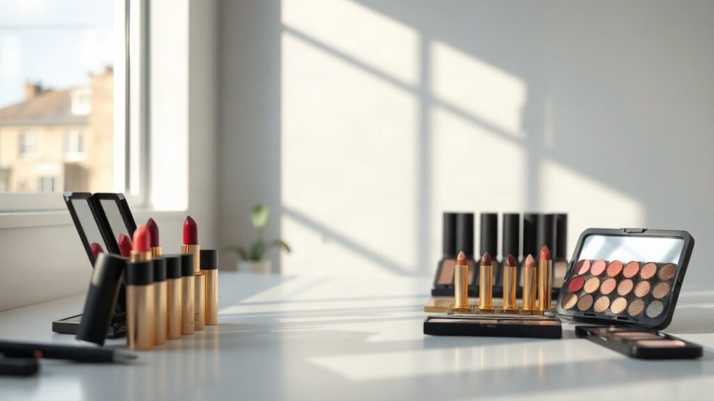 A modern minimalist makeup studio counter with neatly arranged lipstick tubes and cosmetic palettes under soft morning light, no people visible, close-up composition, landscape ori – Symbolbild, KI-erzeugt