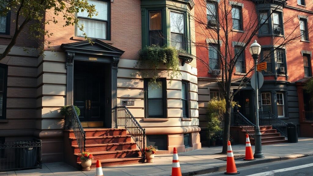 Eine Brownstone-Häuserzeile in New York steht sinnbildlich für die „Girls“-Fortsetzung von Lena Dunham – Symbolbild, KI-erzeugt
