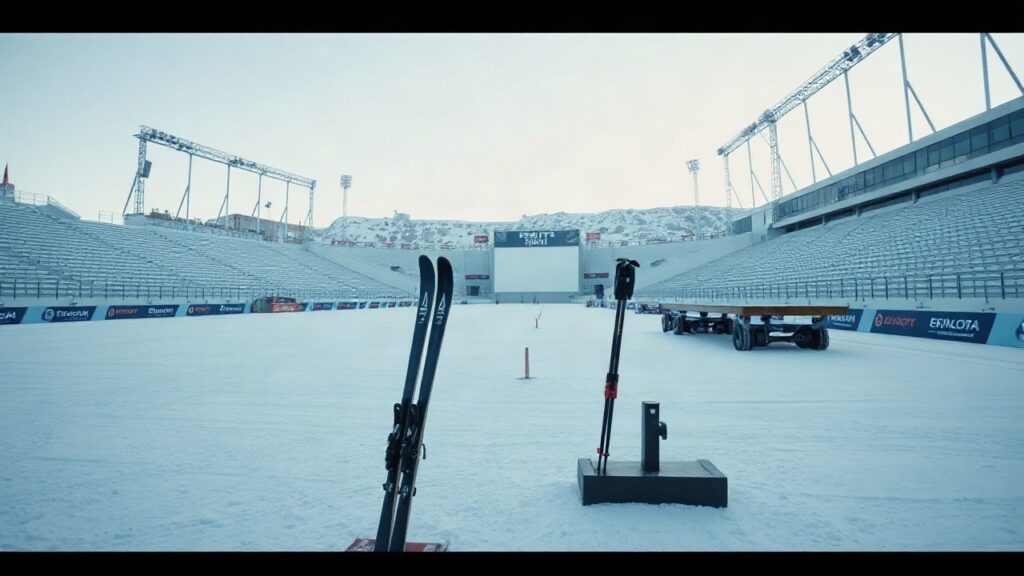 Ein verschneites Biathlon-Stadion im Morgenlicht erinnert an die Karriere der Biathlon-Olympiasiegerin Linn Gestblom – Symbolbild, KI-erzeugt