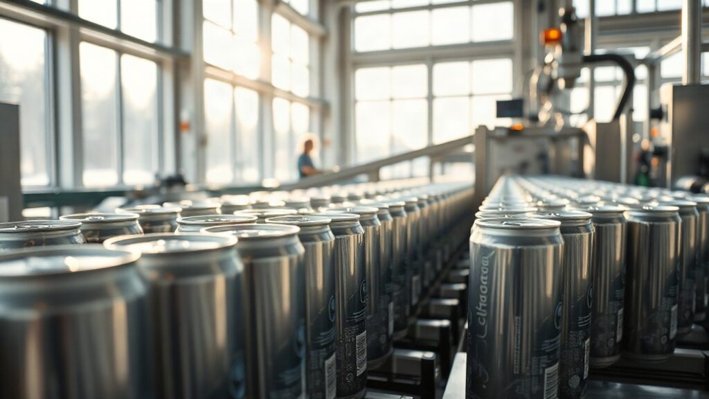 Produktionsanlage für Soda Zitron aus Tirol mit Dosen auf dem Fließband im hellen Morgenlicht – Symbolbild, KI-erzeugt