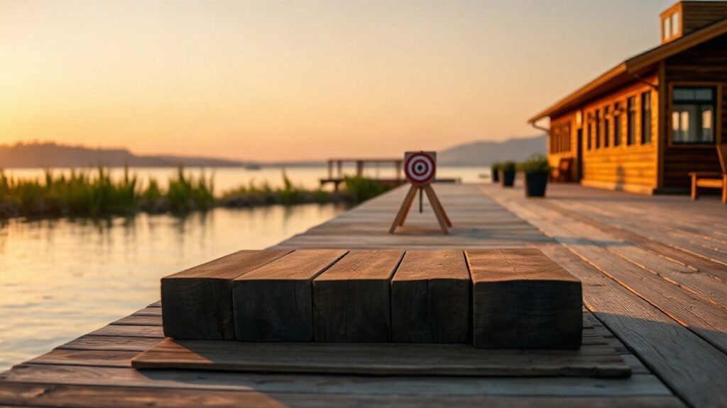 Ein Holzsteg an einem See bei goldenem Licht symbolisiert das Finale der Show, in der der Sommerhaus der Stars Gewinner gekürt wurde – Symbolbild, KI-erzeugt