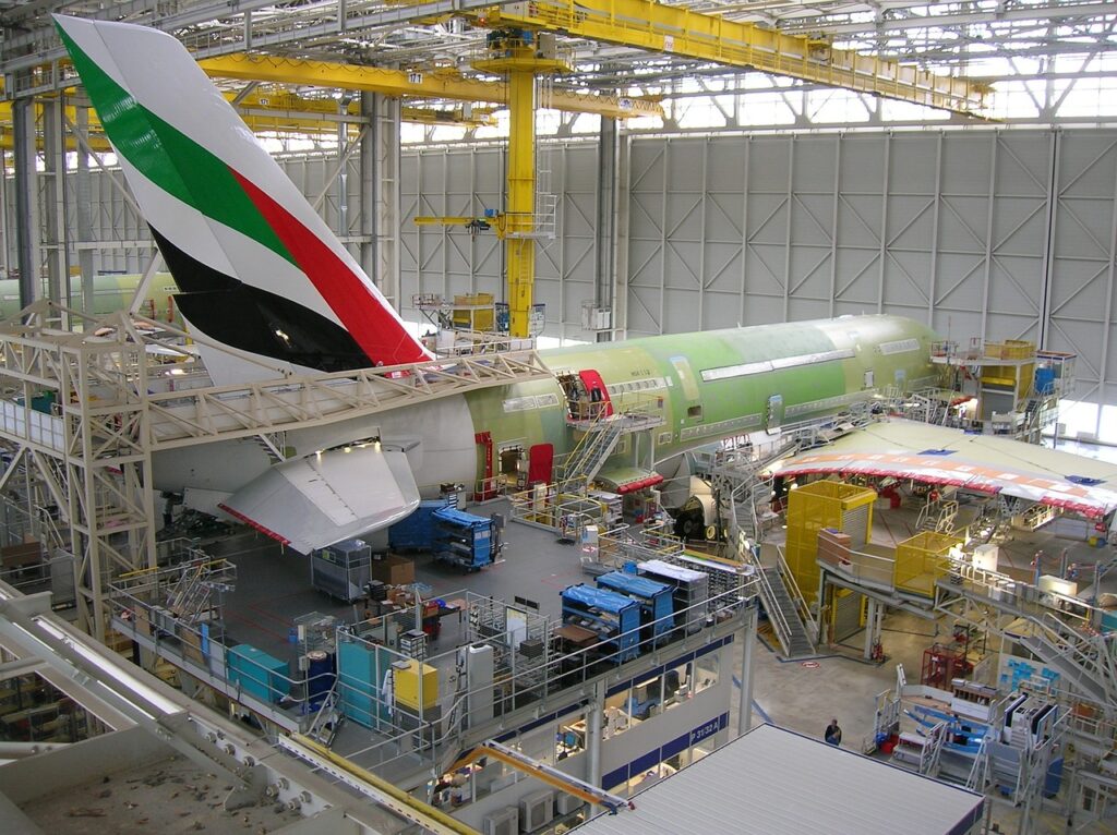Montagehalle für Flugzeugrümpfe als Symbolbild für den M&A Aerospace Boom in der Luftfahrtindustrie – Foto: WikimediaImages / Pixabay