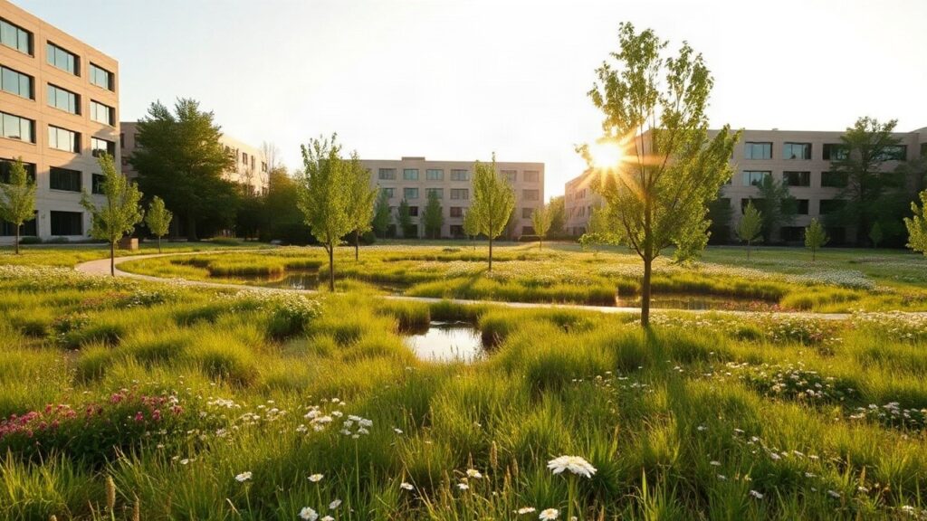 Naturnahe Grünfläche mit Wildblumenwiese auf einem Firmencampus, wie sie Teil der Biodiversitätsstrategie von Marion Würth ist – Symbolbild, KI-erzeugt
