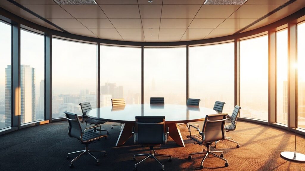 A modern corporate conference room with an empty round table, several office chairs, large windows letting in warm afternoon light, minimalist interior design, no people, no logos, – Symbolbild, KI-erzeugt