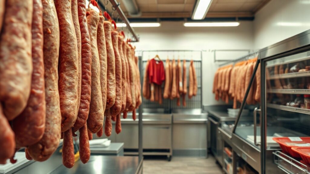 Eine Wurstproduktion mit hängenden Würsten symbolisiert den Aufstieg des Wurstkönigs von Chicago – Symbolbild, KI-erzeugt