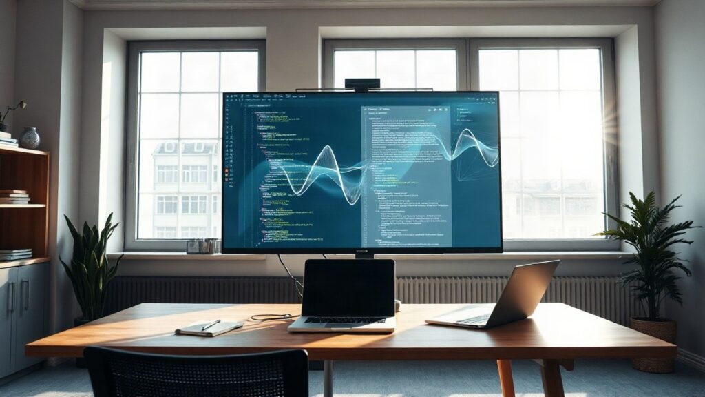 Moderner Arbeitsplatz mit Bildschirm und Code, der die Entwicklungsarbeit hinter dem Eustella-Gründer symbolisiert – Symbolbild, KI-erzeugt