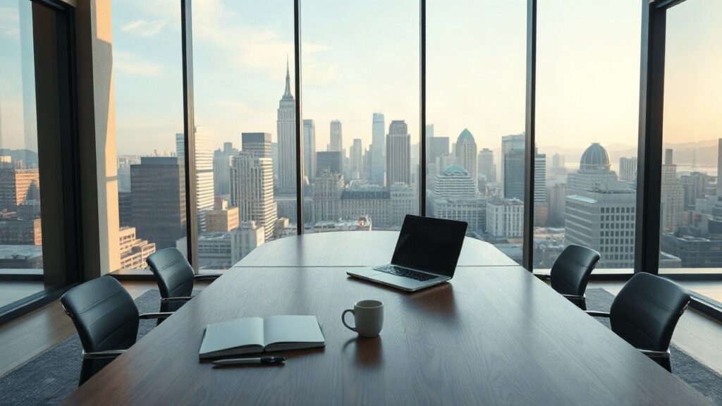 Ein Besprechungsraum mit Blick auf die Skyline von San Francisco symbolisiert die Arbeit von Michael Dobersberger mit Start-ups im Silicon Valley – Symbolbild, KI-erzeugt
