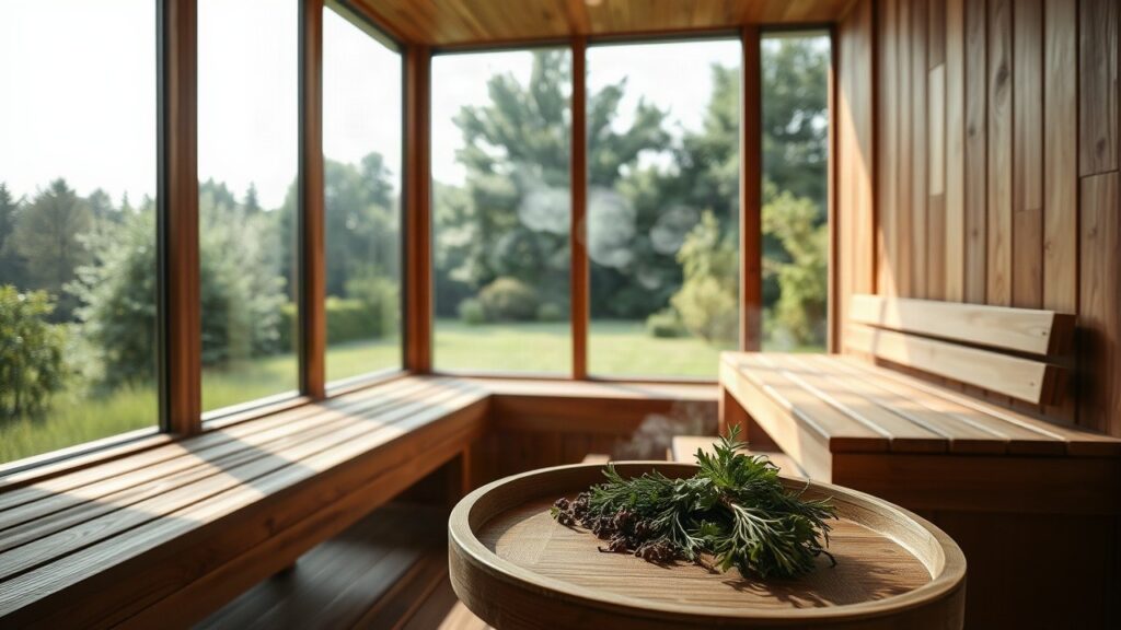 Interior of a modern wooden sauna with large panoramic glass windows overlooking a green garden, wooden benches, soft morning light, steam rising gently, no visible faces, close-up – Symbolbild, KI-erzeugt