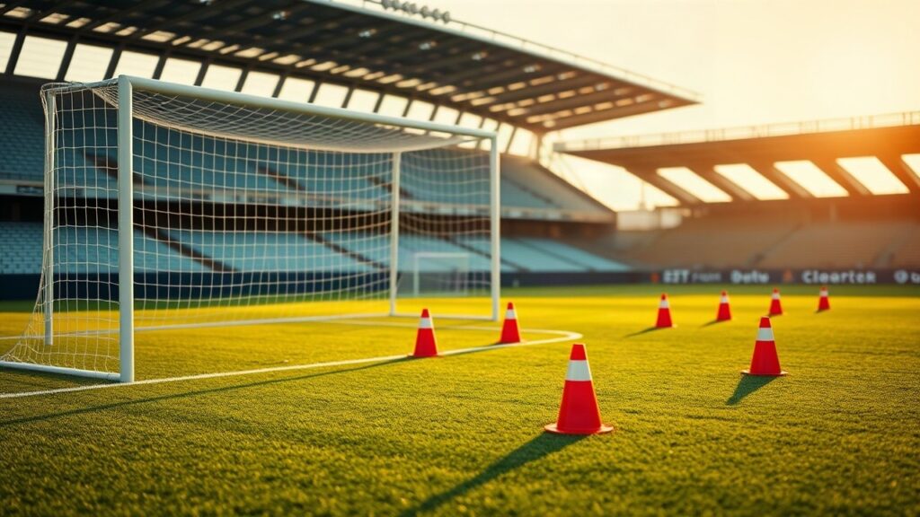 Ein leerer Trainingsplatz mit Toren symbolisiert den sportlichen Weg von Miron Muslic beim FC Schalke 04 – Symbolbild, KI-erzeugt