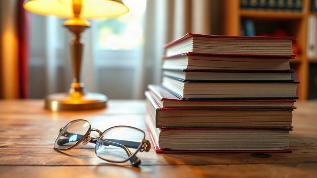 A close-up of a wooden table with a neat stack of hardcover non-fiction books, warm reading lamp light, a pair of reading glasses resting beside the books, no visible text on cover – Symbolbild, KI-erzeugt