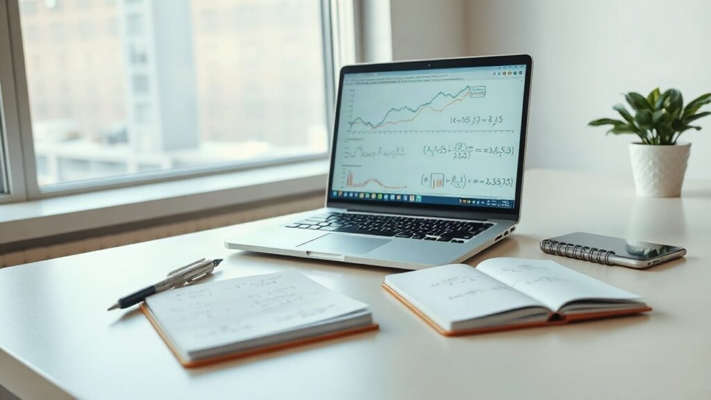 Ein Schreibtisch mit Laptop und handschriftlichen Formeln symbolisiert die Debatte um OpenAI Mathe-Ergebnisse – Symbolbild, KI-erzeugt